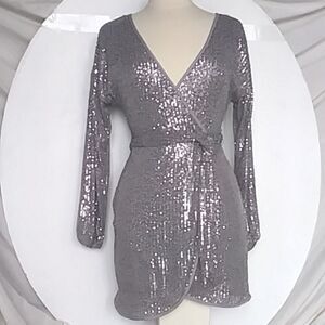 Silver Sequins Mock Wrap Mini Dress Cocktail Long Sleeve New with Tags size S
